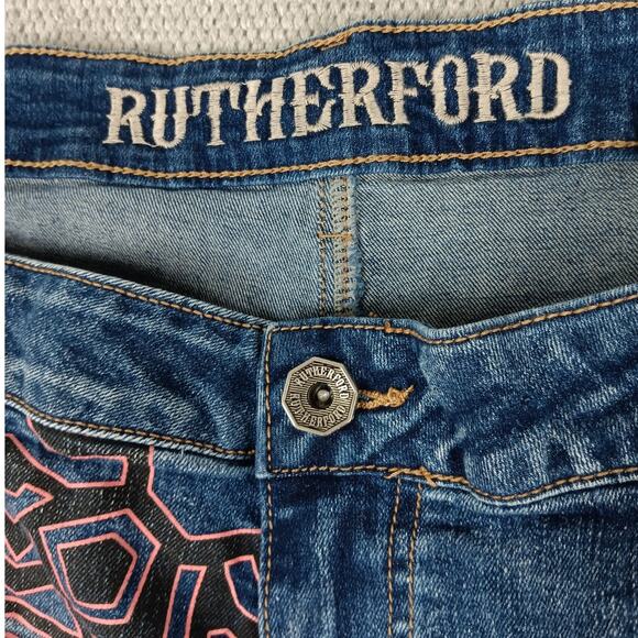 Rutherford Engineered Slim Fit Denim Jorts Men 41 Blue Distressed Tribal Pattern - Picture 5 of 14